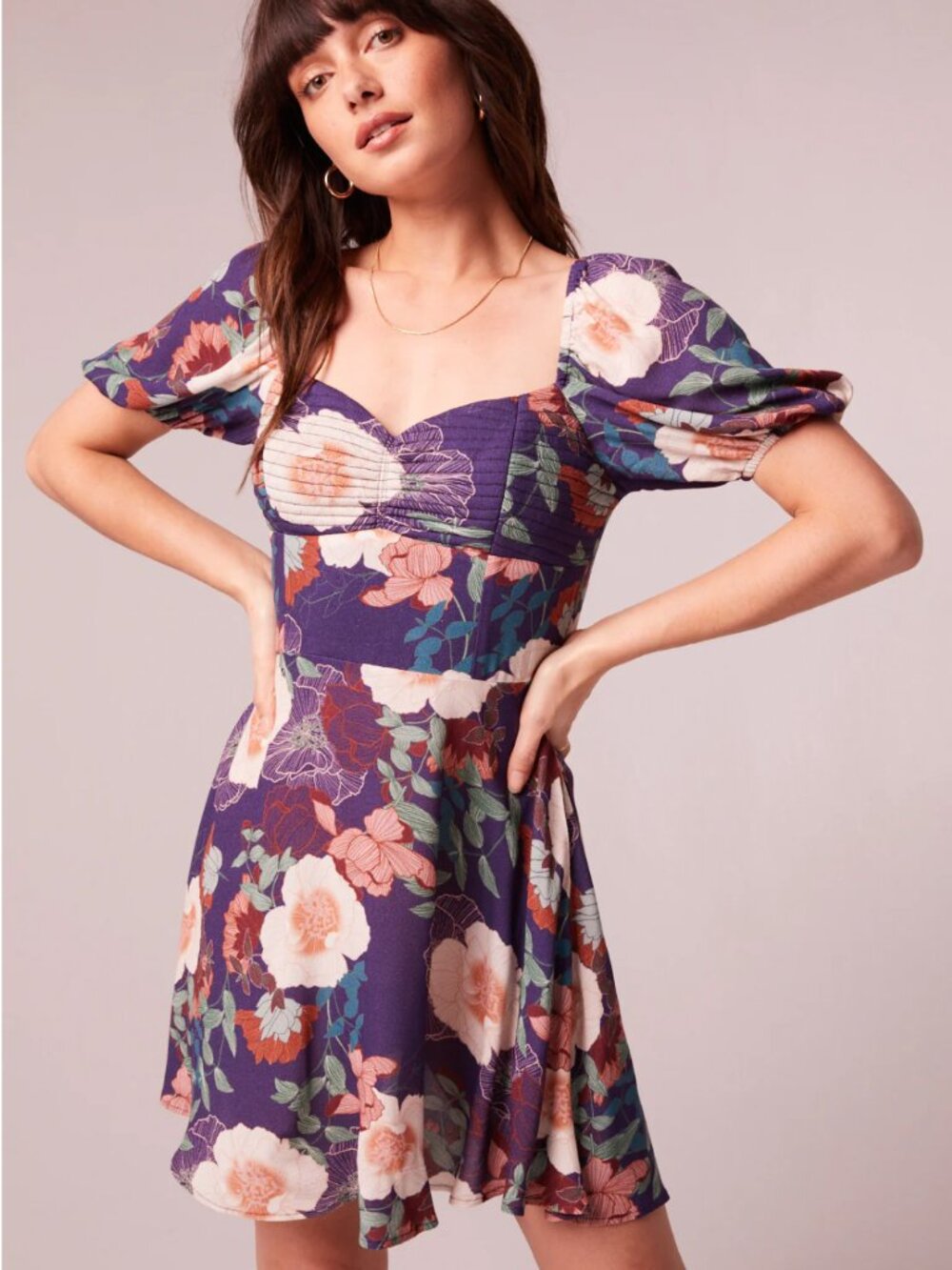 BAND OF THE FREE Aimee Purple Floral Puff Sleeve Mini Dress M